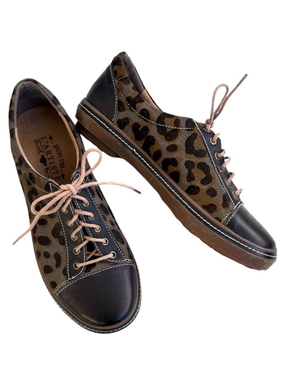 EUC L’Artiste Spring Step Leather Calf Hair Sneakers Black Leopard Size 8.5